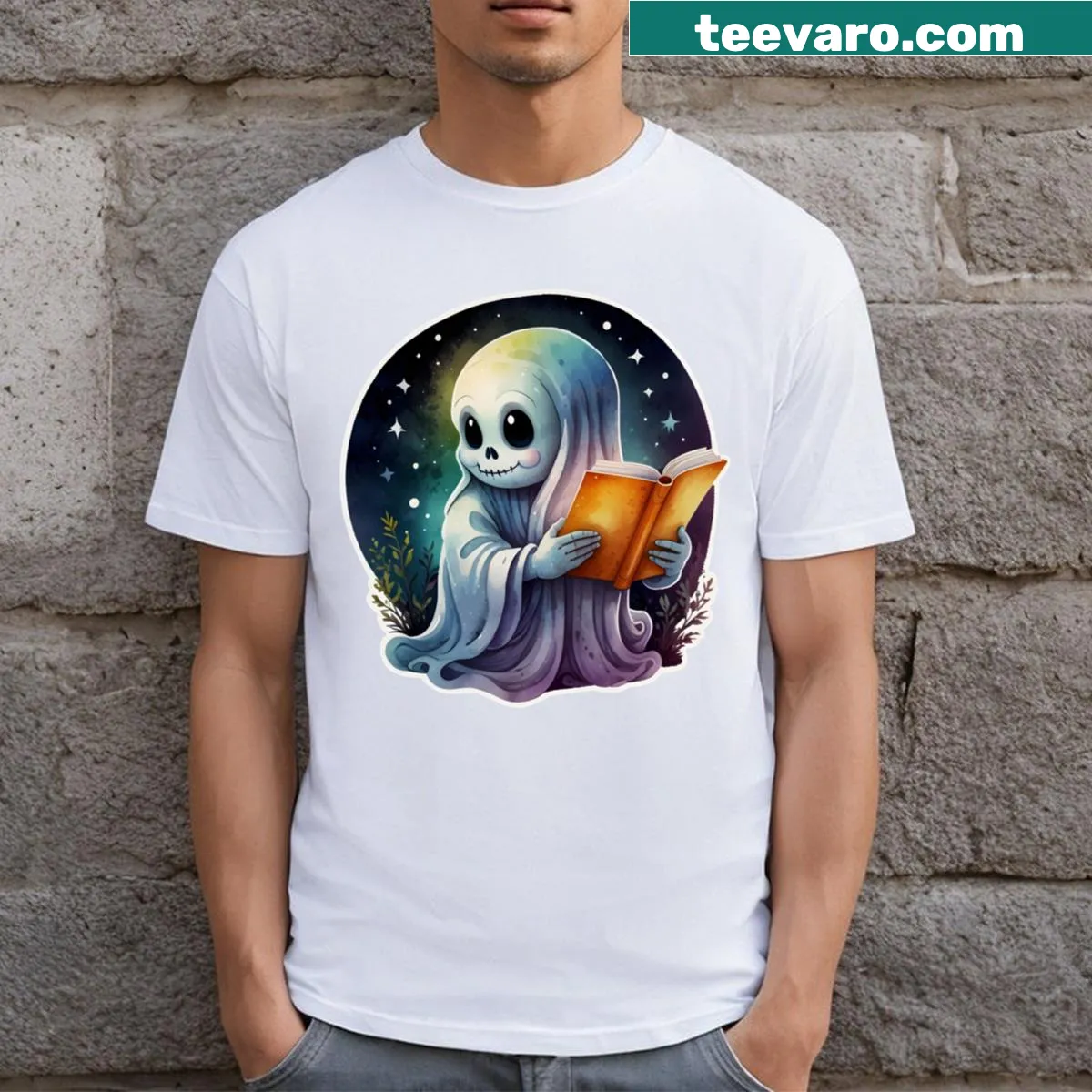 Whimsical t-shirt with a ghost reading a book — on a men's t-shirt