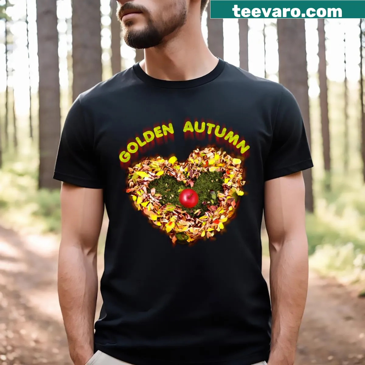Graphic celebrating autumn with golden leaves on T-shirt — on a men's t-shirt