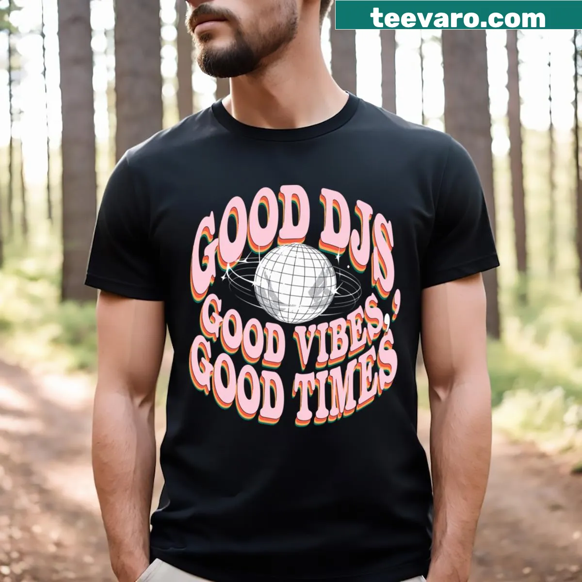 Playful t-shirt with text celebrating DJs and good vibes — on a men's t-shirt