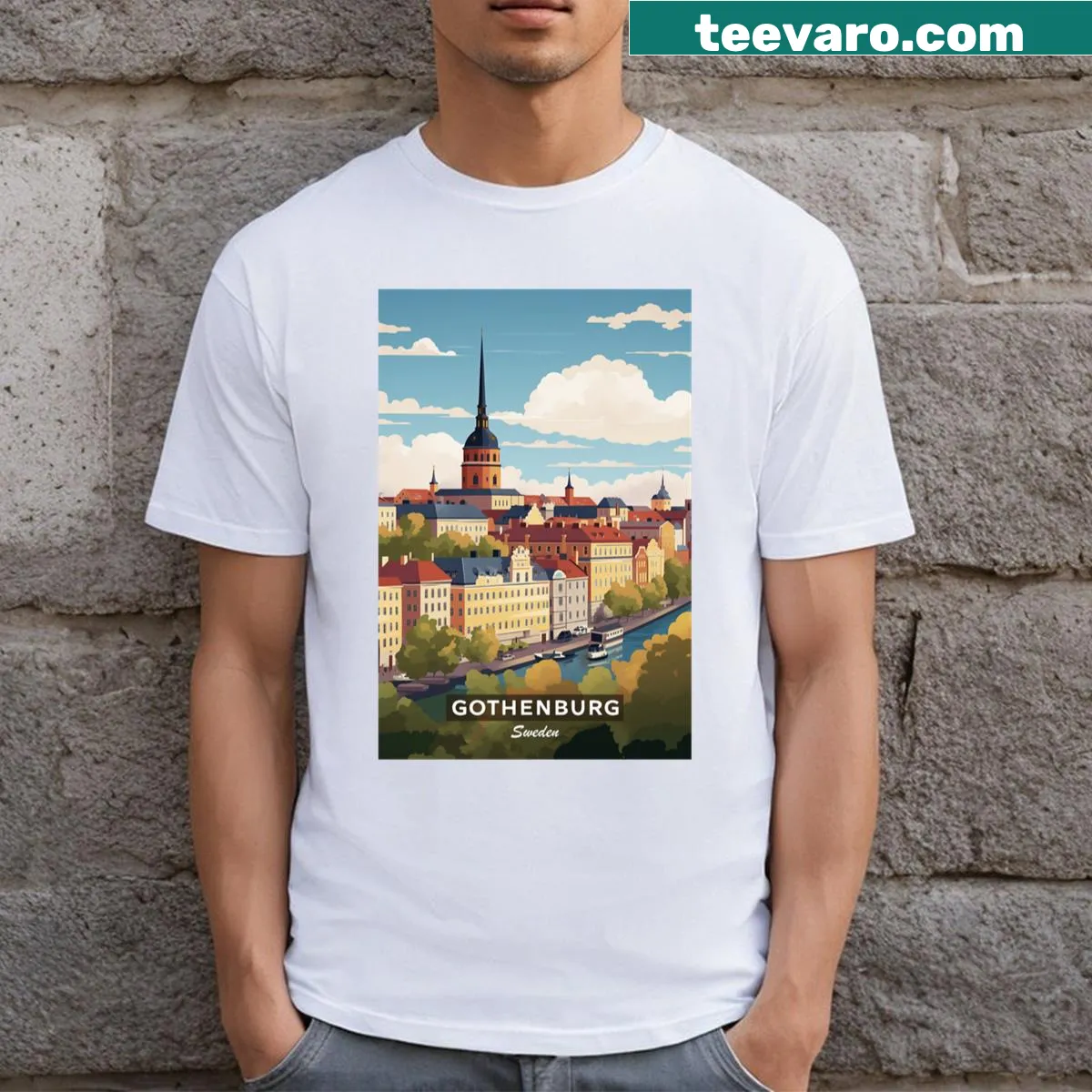 Travel-themed t-shirt featuring Gothenburg, Sweden design — on a men's t-shirt