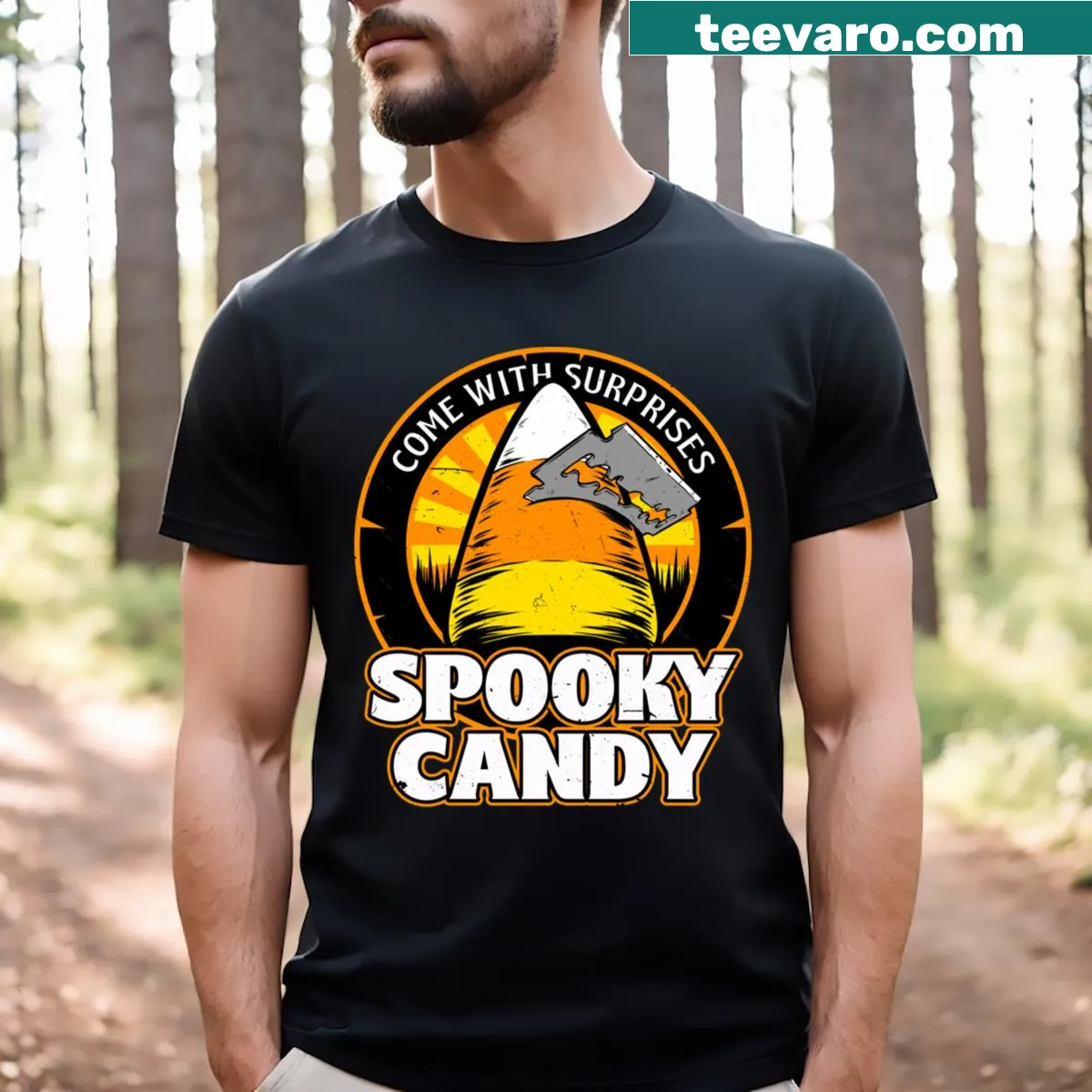 Halloween themed T-shirt with candy surprise design — on a men's t-shirt