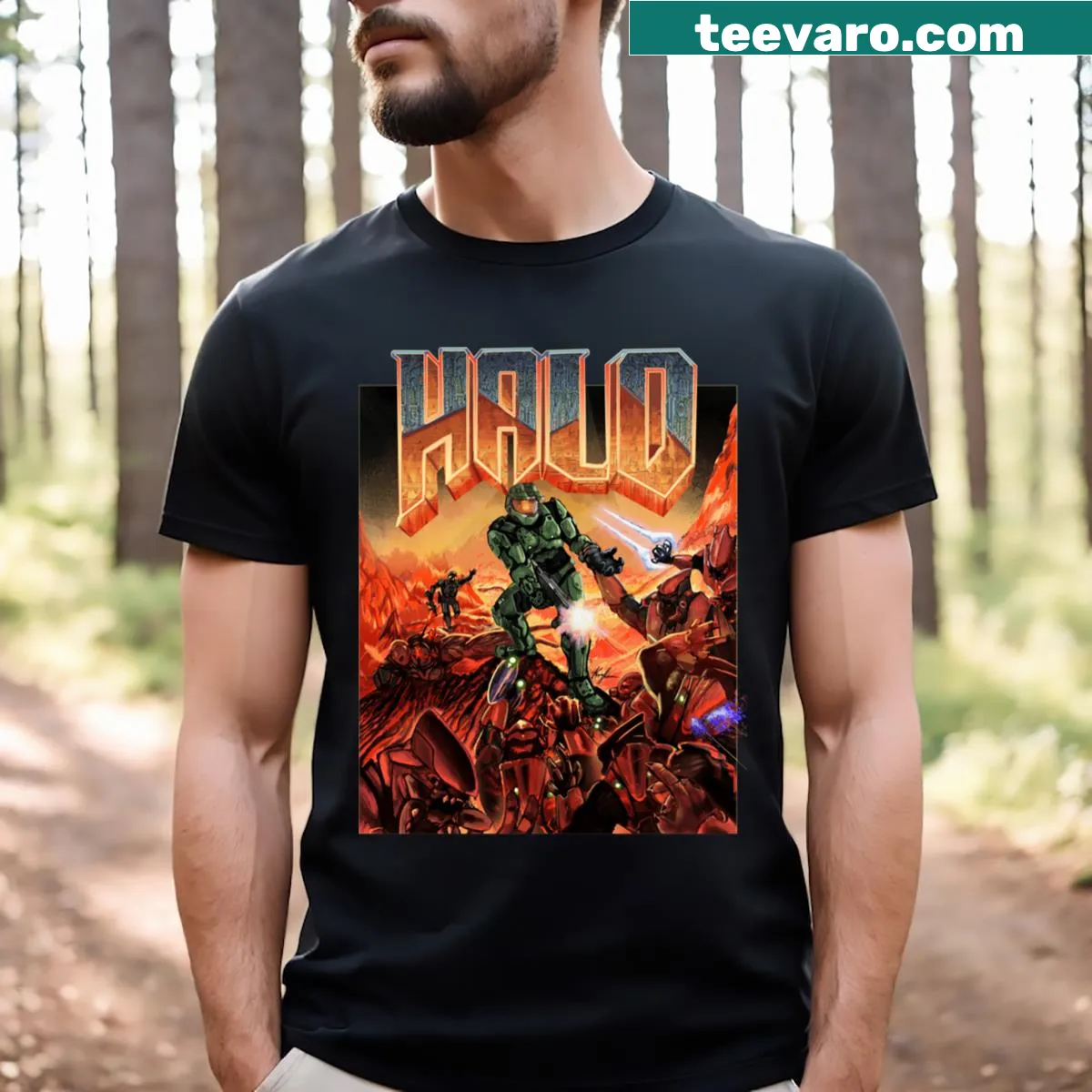 Essential Halo gaming T-shirt with iconic game graphics — on a men's t-shirt
