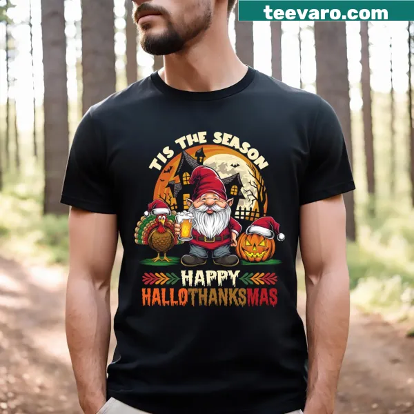 T-shirt featuring 'Happy Hallothanksmas' design for multiple holidays