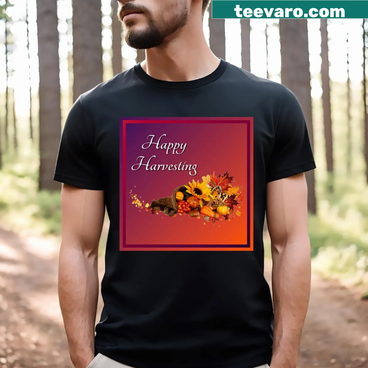 Gratitude-themed shirt celebrating the harvest season with inviting text — on a men's t-shirt