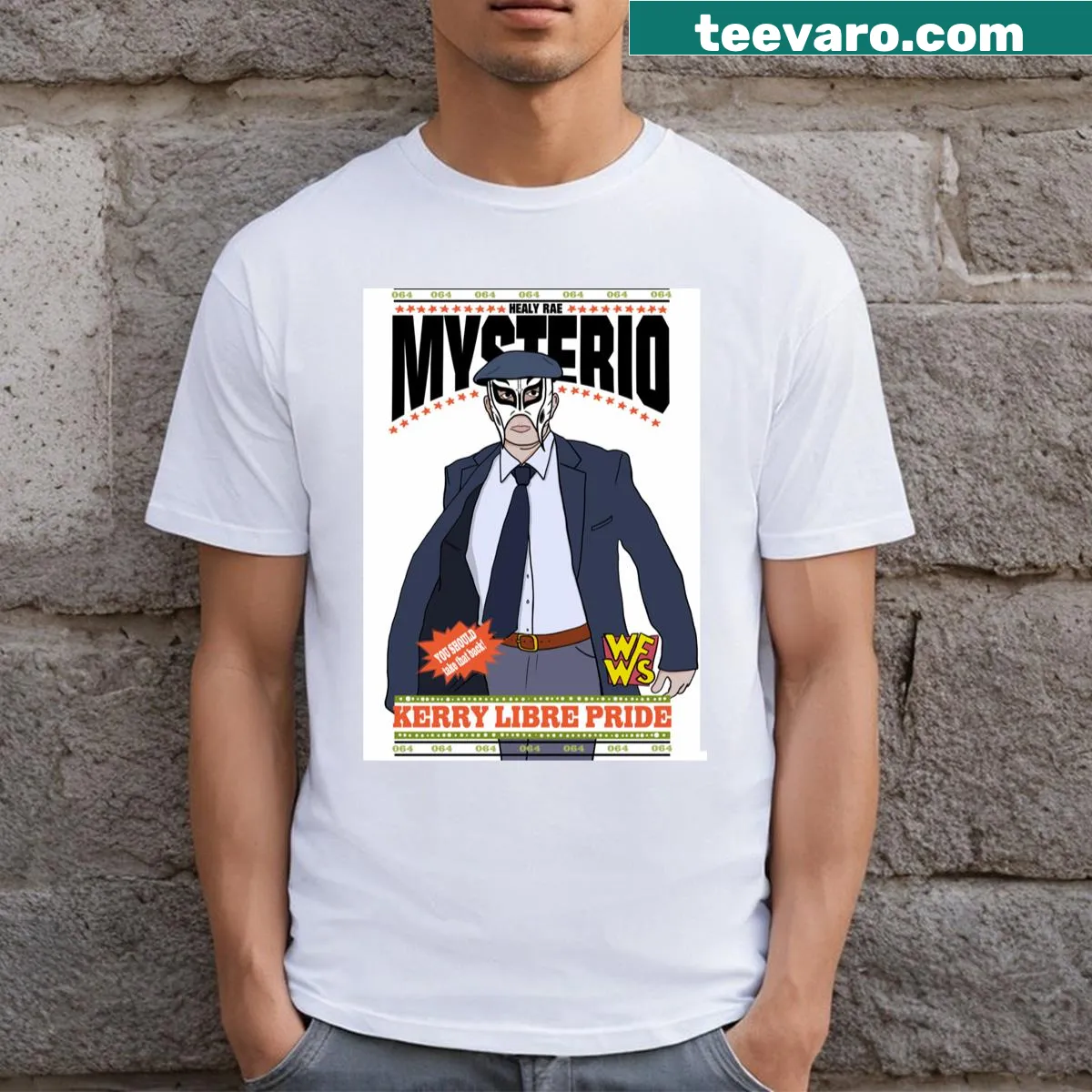Wrestling themed humorous Healy Rae Mysterio t-shirt — on a men's t-shirt