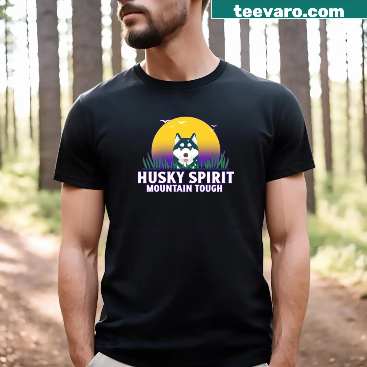 Husky-themed hiking t-shirt with mountain spirit design — on a men's t-shirt