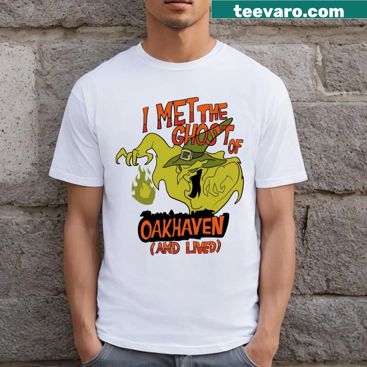 Illustrated shirt featuring a ghost with whimsical text — on a men's t-shirt