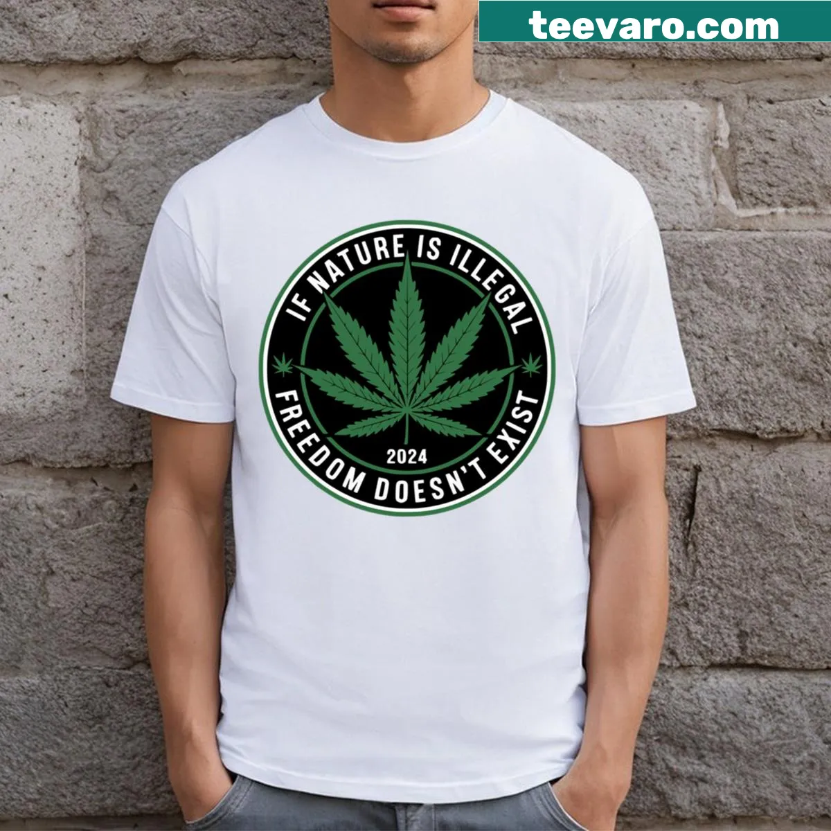 Thought-provoking t-shirt featuring marijuana leaf design — on a men's t-shirt