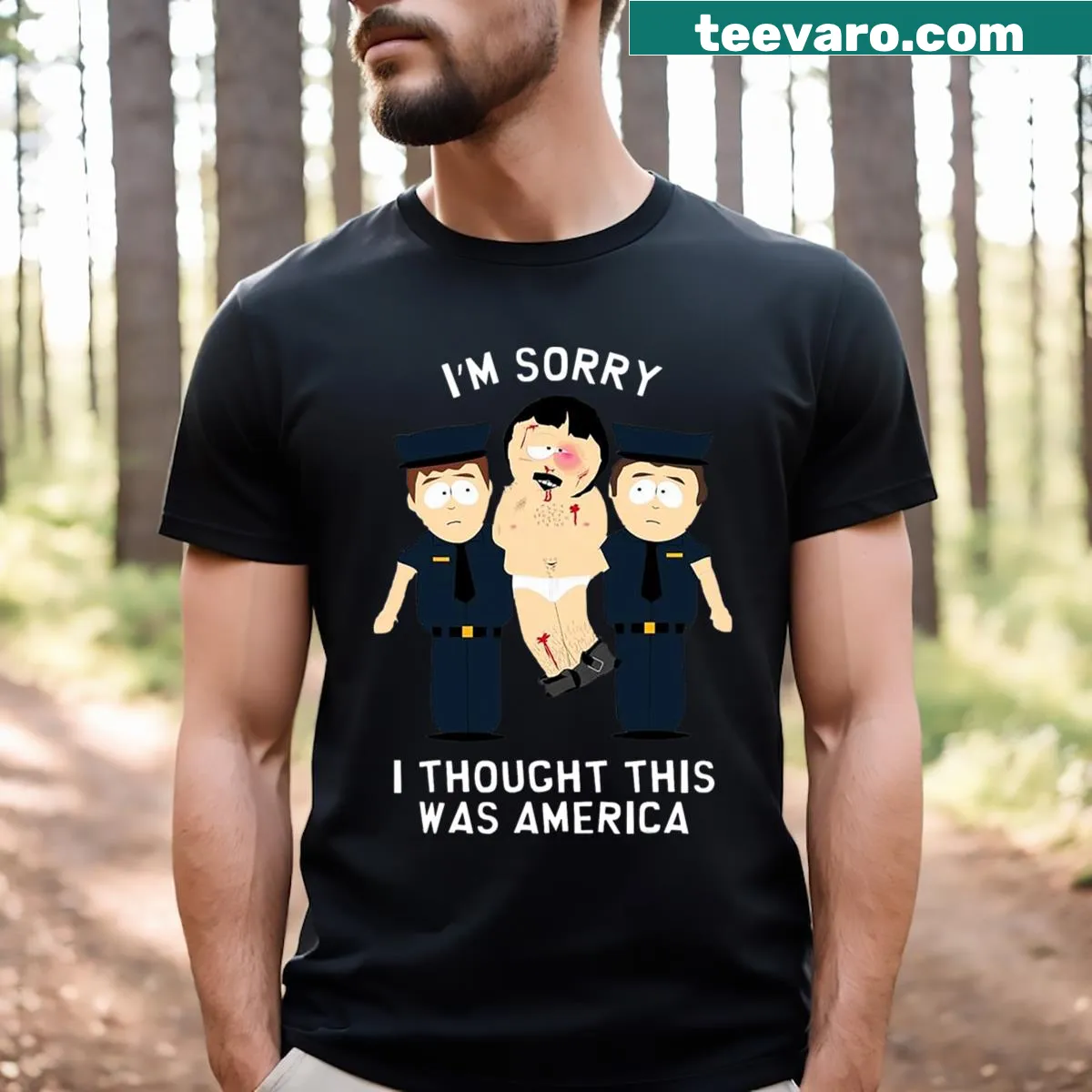 T-shirt with bold text about America — on a men's t-shirt