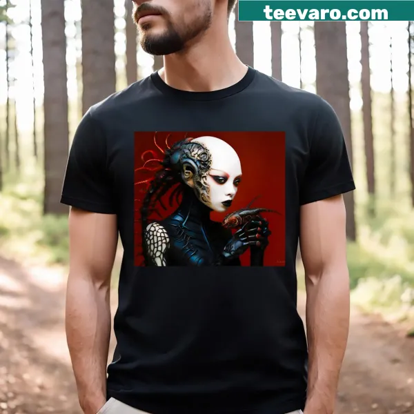 Abstract graphic T-shirt with modern design elements.