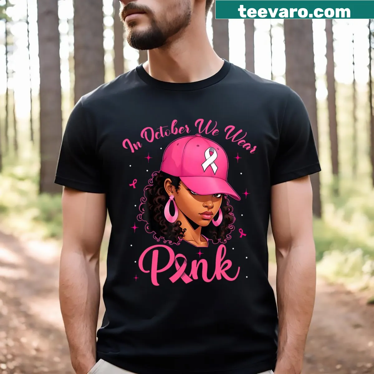 Breast cancer awareness T-shirt with supportive message — on a men's t-shirt