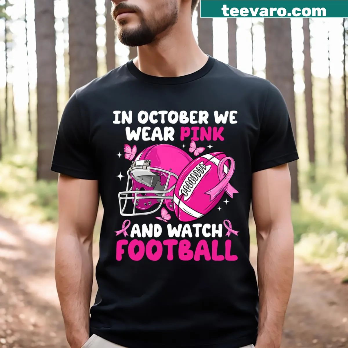 Football graphic with pink accents for Breast Cancer Awareness in October — on a men's t-shirt