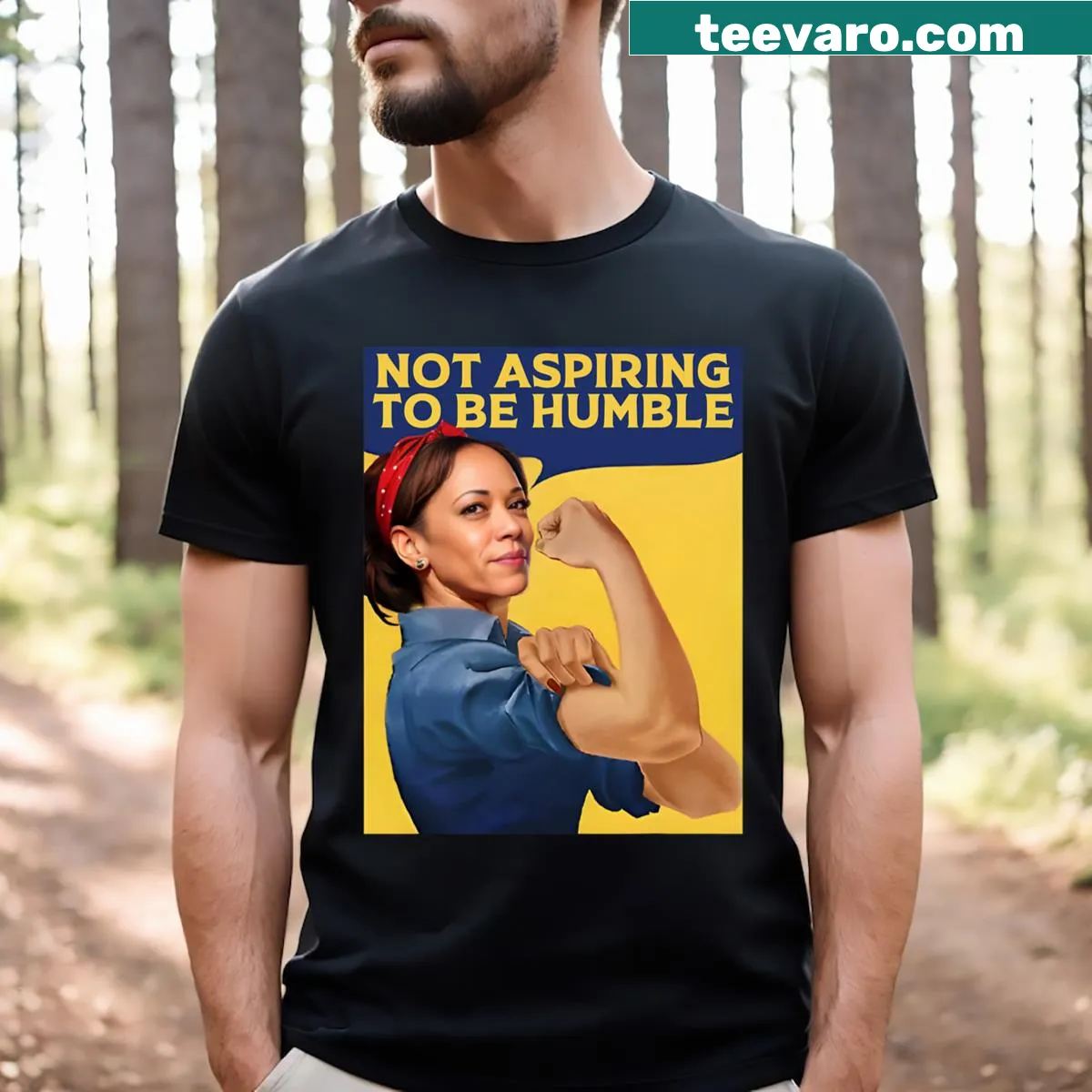 Text graphic T-shirt with Kamala Harris quote about humility — on a men's t-shirt
