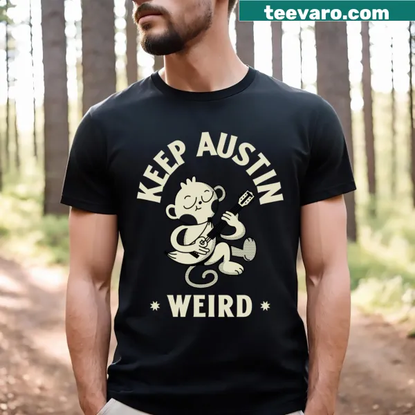 Cute monkey music graphic with Keep Austin Weird slogan T-shirt