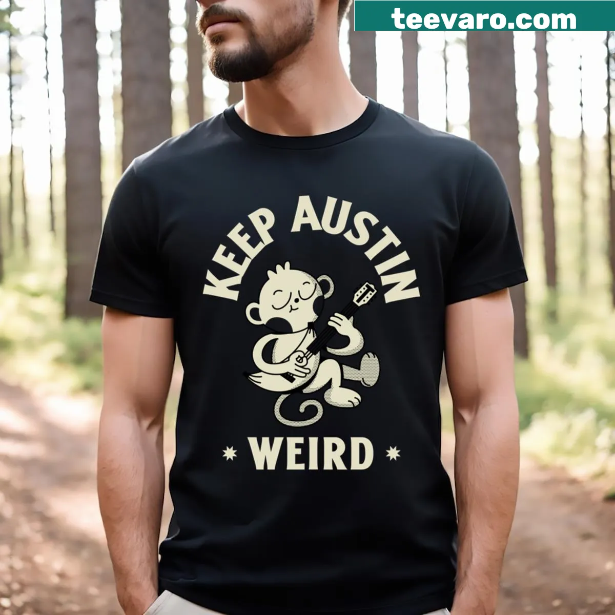 Cute monkey music graphic with Keep Austin Weird slogan T-shirt — on a men's t-shirt