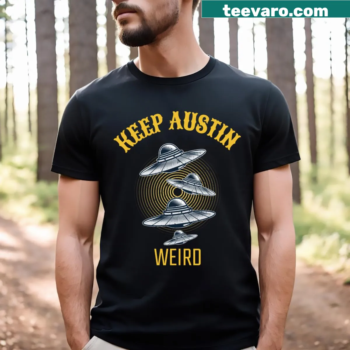 T-shirt featuring a UFO graphic and 'Keep Austin Weird' slogan — on a men's t-shirt