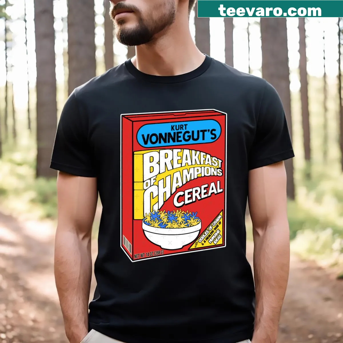 Literary-themed t-shirt referencing Kurt Vonnegut's works and humor — on a men's t-shirt