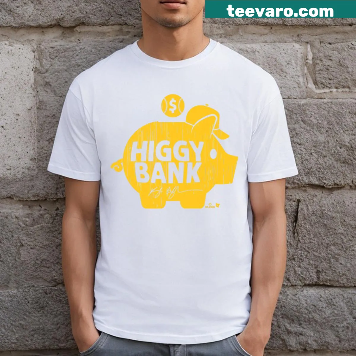 T-shirt supporting Kyle Higashioka with the phrase 'Higgy Bank' — on a men's t-shirt