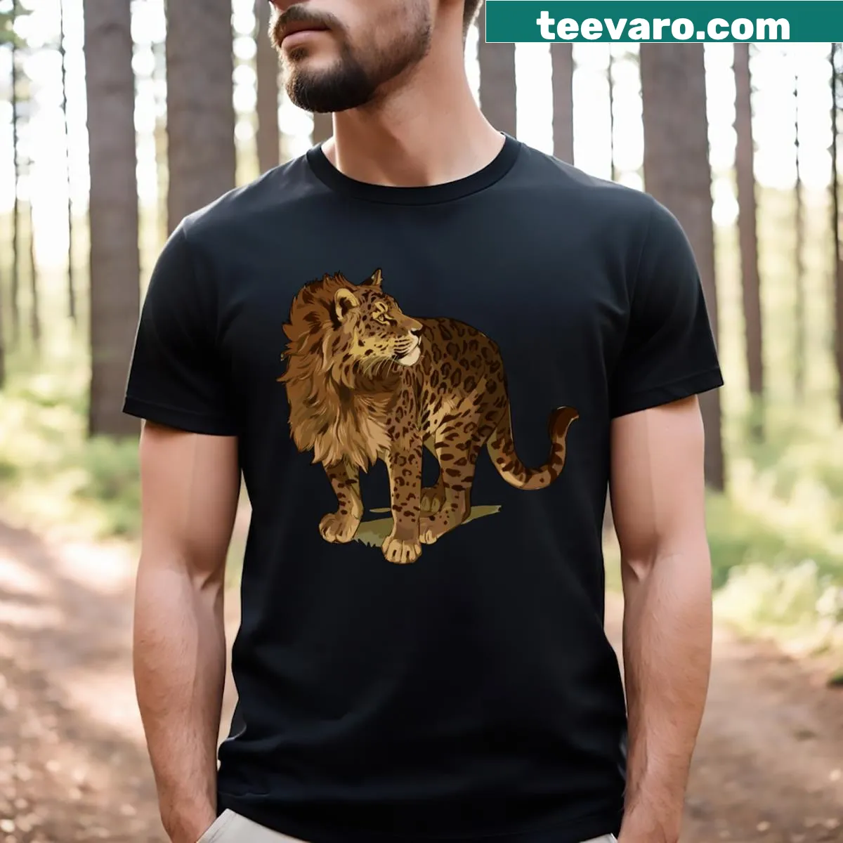 T-shirt featuring a cute leopard portrait in a wild setting. — on a men's t-shirt