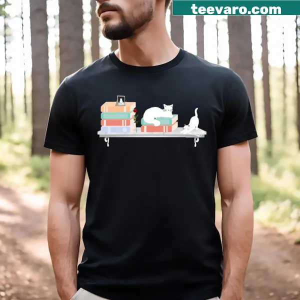 Adorable library cat T-shirt with book-themed illustration