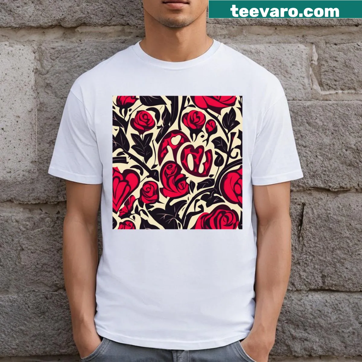 Geometric hearts and roses T-shirt with linear love design — on a men's t-shirt