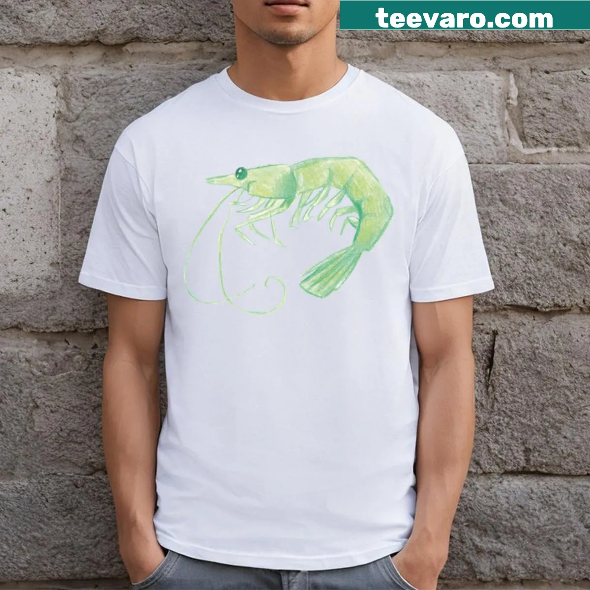 Playful illustration of a little green shrimp on T-shirt — on a men's t-shirt