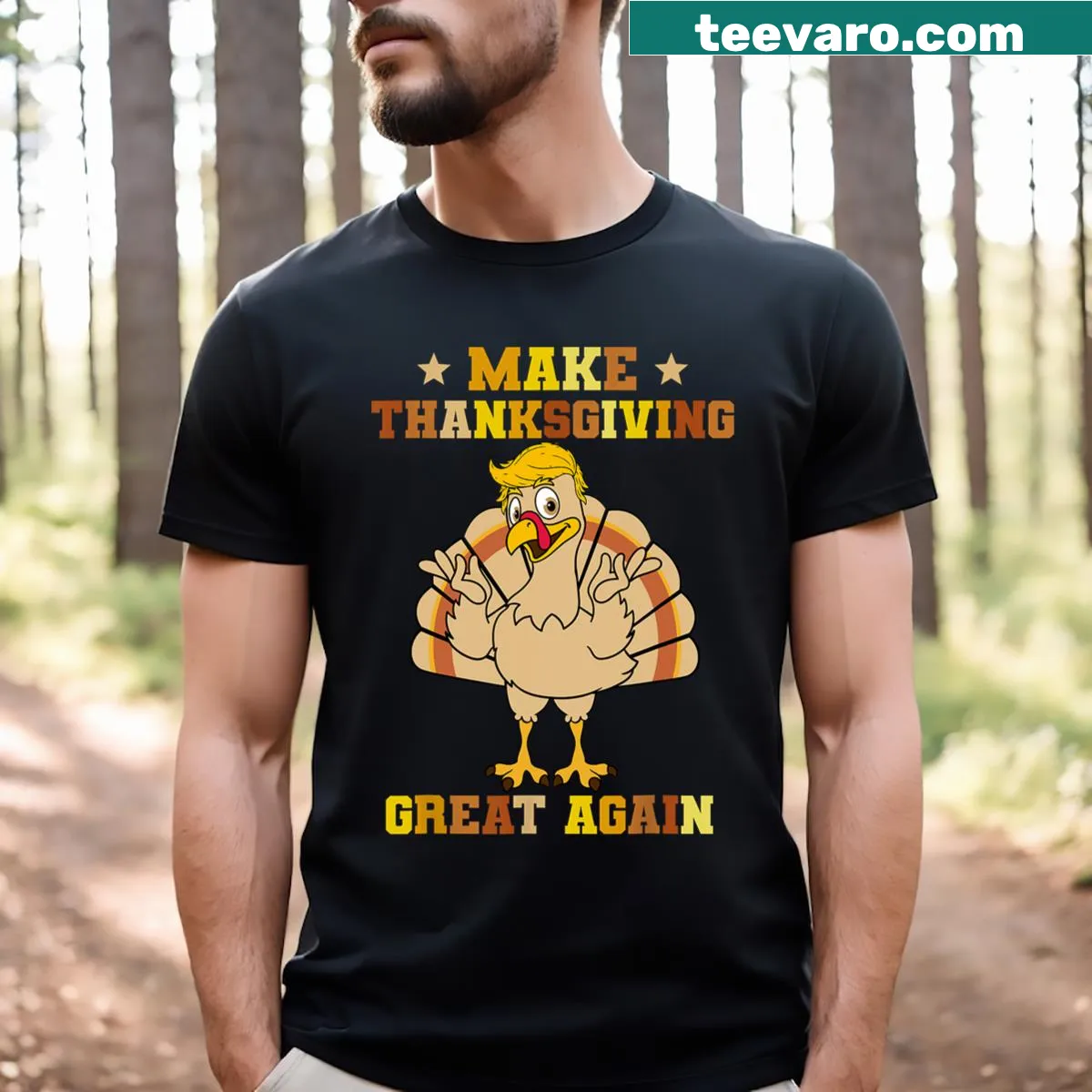 Funny Thanksgiving shirt with turkey and political message for 2024 — on a men's t-shirt