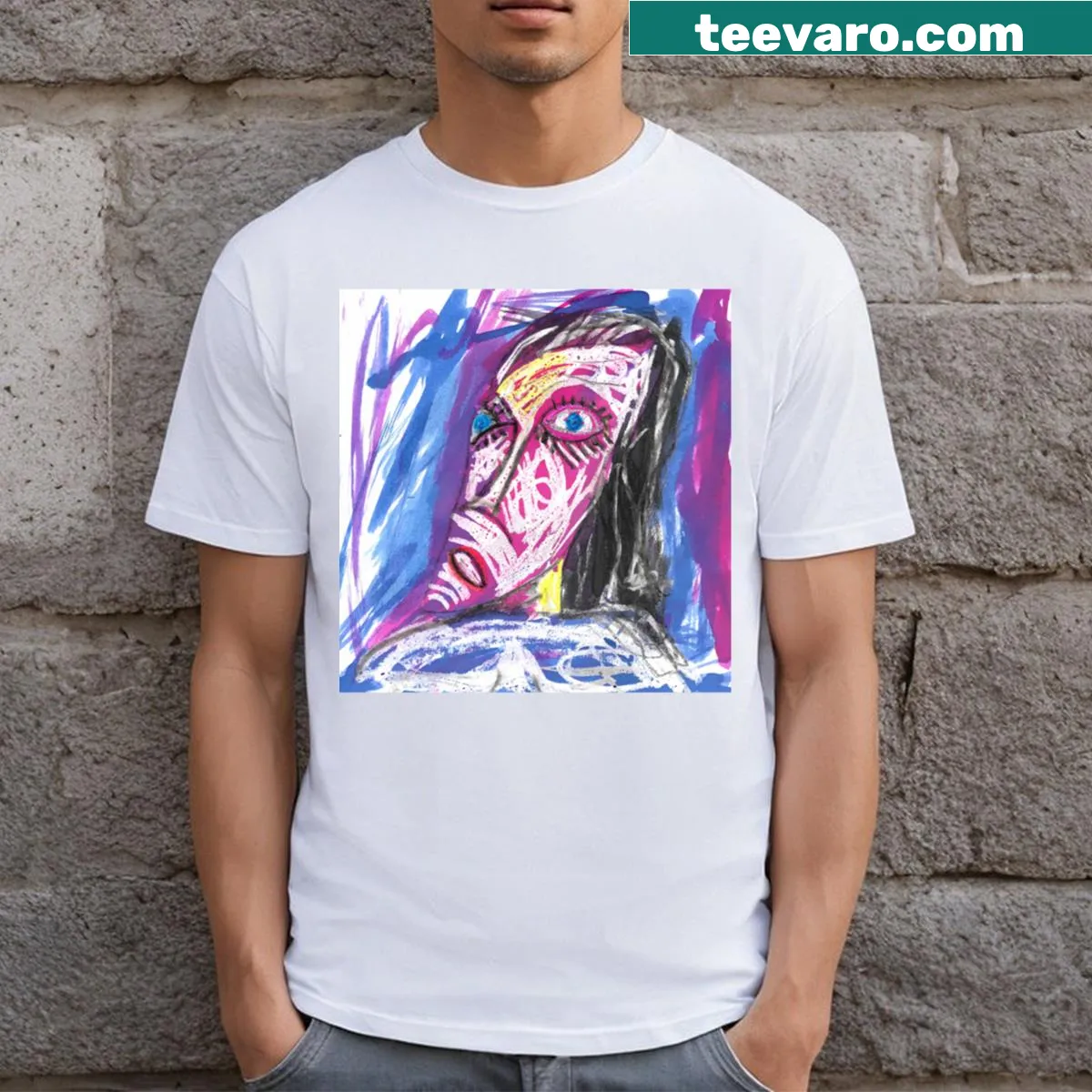 Abstract T-shirt featuring a unique mask graphic. — on a men's t-shirt