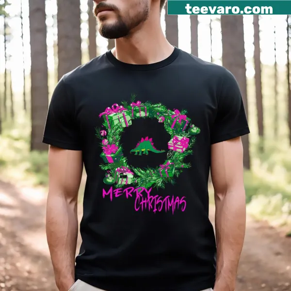 Christmas T-shirt with the phrase 'Merry Christmas' repeated in playful font.