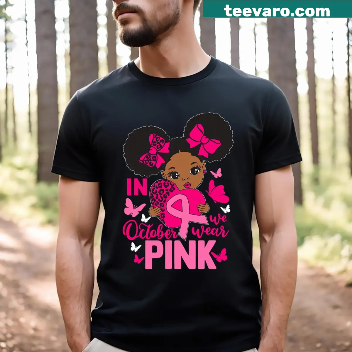 Black T-shirt with messy bun graphic and text for Breast Cancer Awareness — on a men's t-shirt