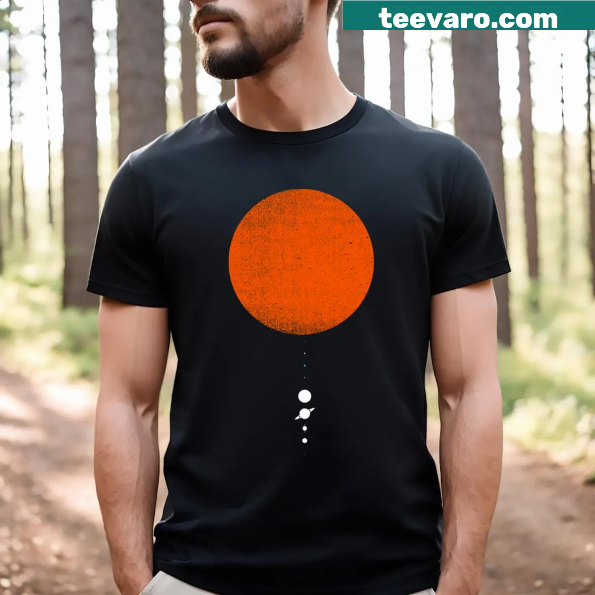 Minimalist T-shirt showcasing a simple solar system graphic — on a men's t-shirt