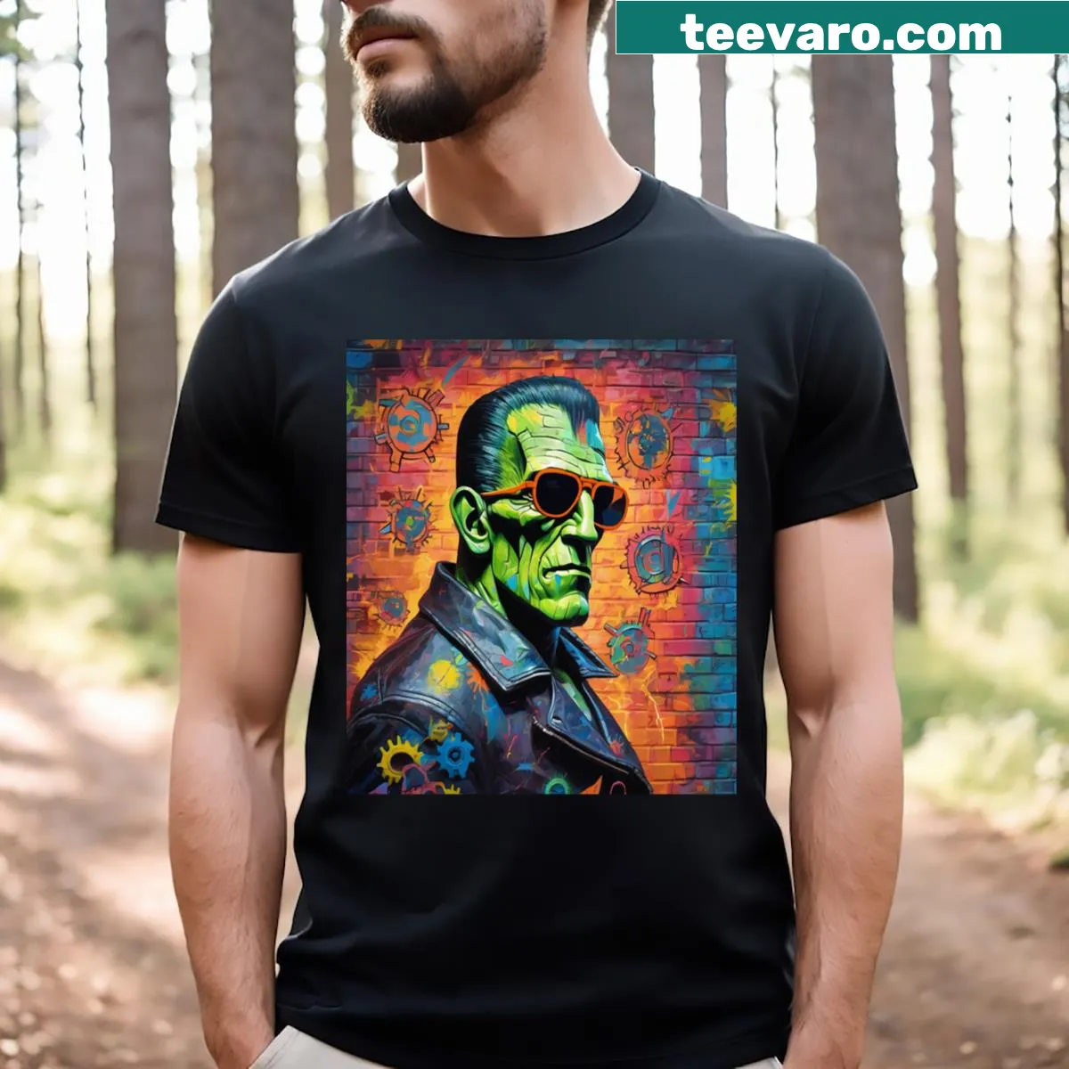 Comic-style T-shirt featuring Frankenstein in a leather jacket — on a men's t-shirt