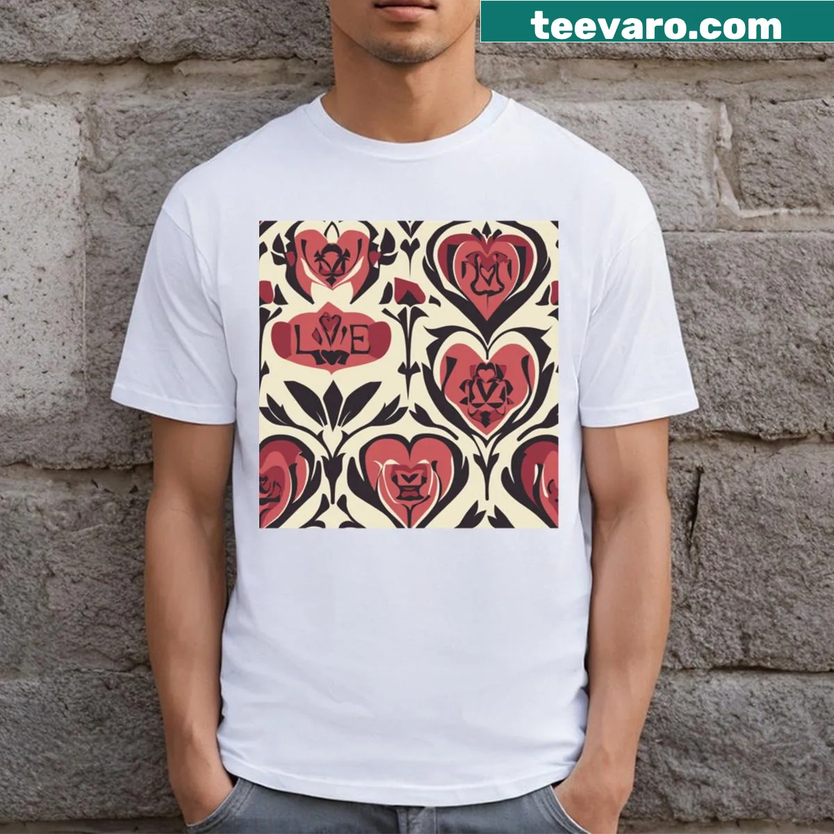T-shirt with a geometric hearts and roses design. — on a men's t-shirt