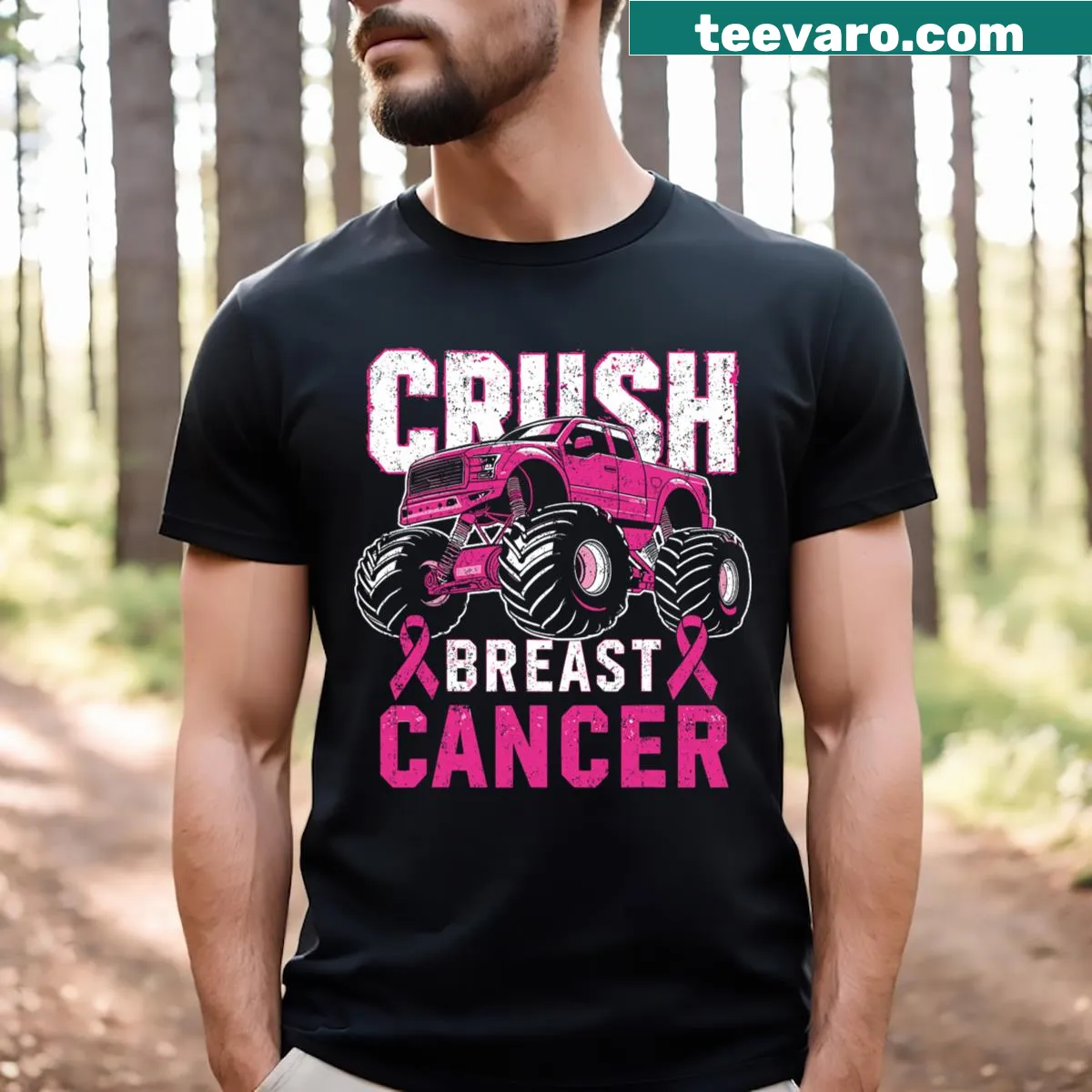 Pink monster truck design promoting breast cancer awareness on a toddler t-shirt — on a men's t-shirt