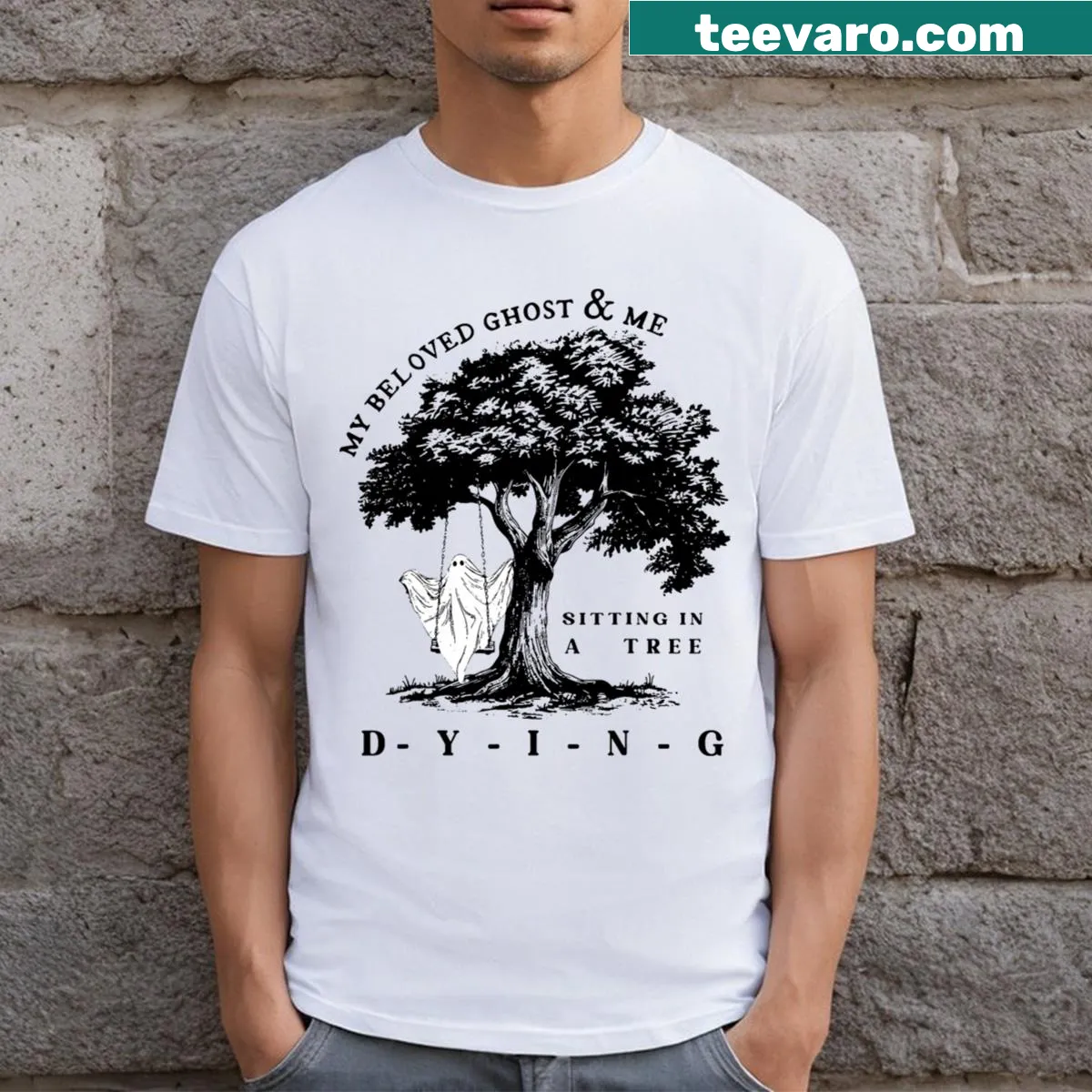 Humorous T-shirt with ghostly theme and playful text — on a men's t-shirt