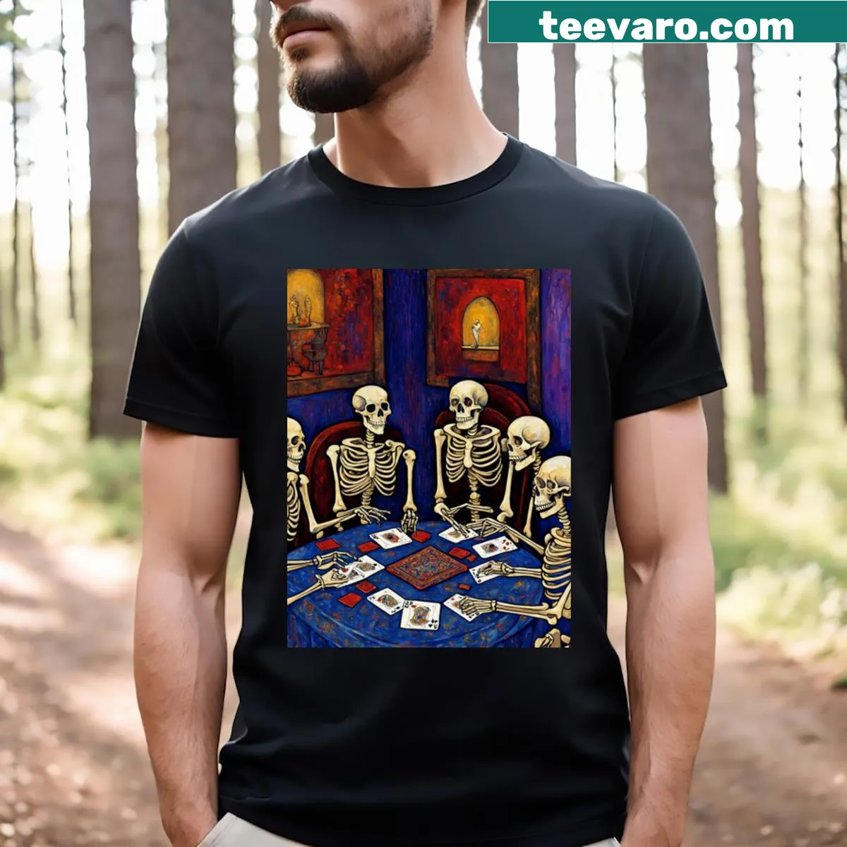 Skeletons playing cards in a whimsical design on a t-shirt — on a men's t-shirt