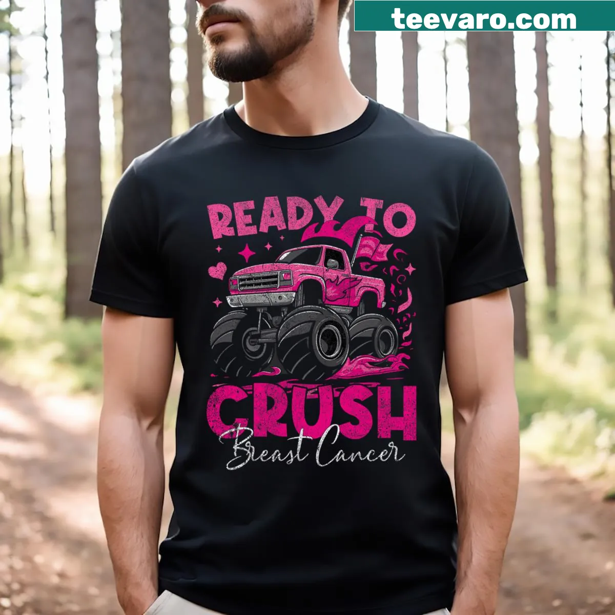 Bold T-shirt for boys featuring a monster truck and breast cancer awareness message — on a men's t-shirt