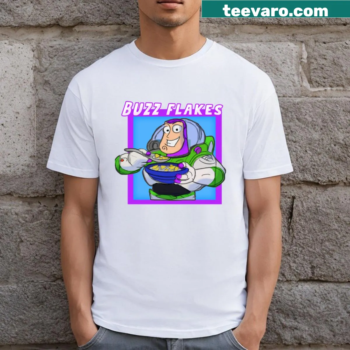 Cartoon space man with cereal graphic on T-shirt — on a men's t-shirt