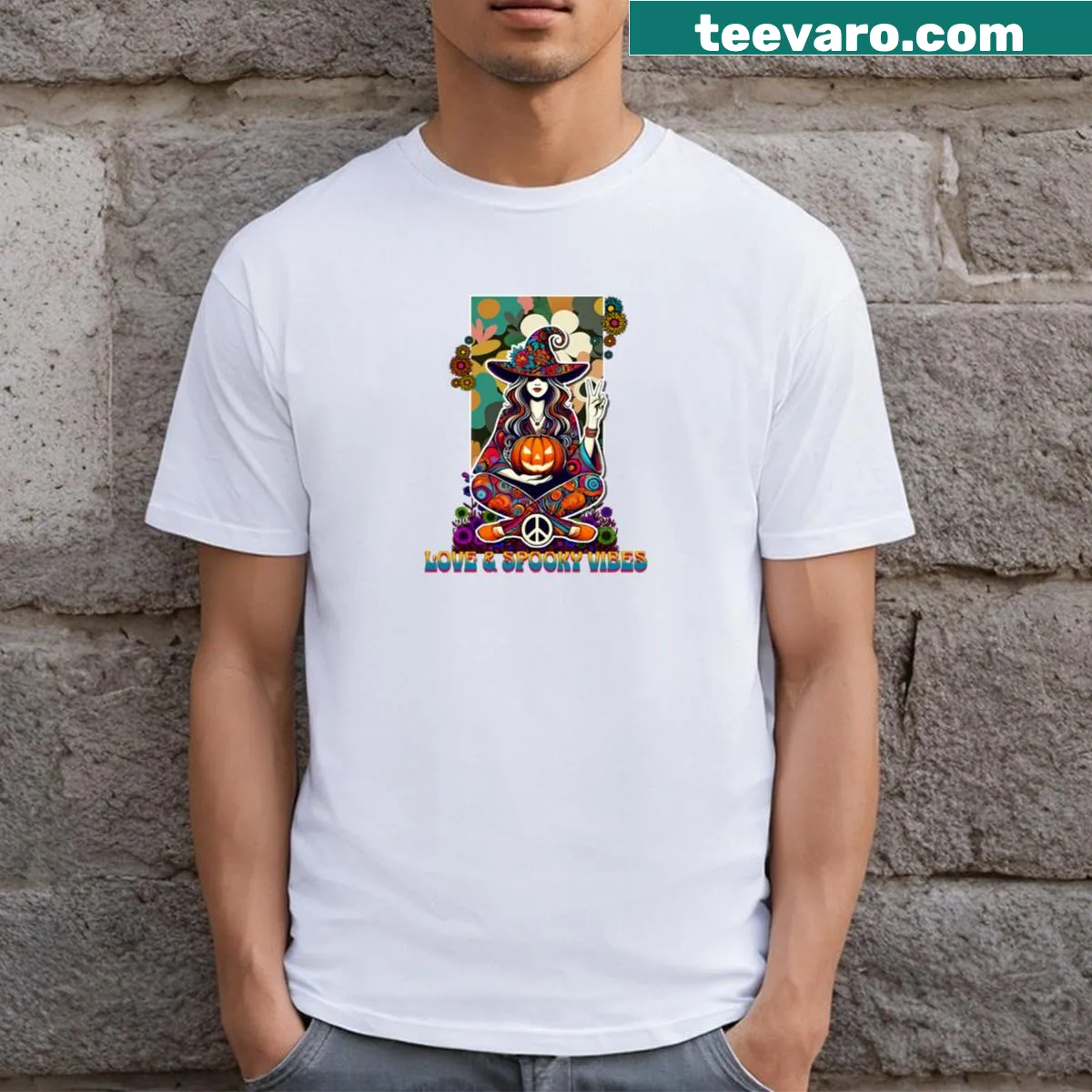 Illustrated witch graphic on a spooky T-shirt — on a men's t-shirt