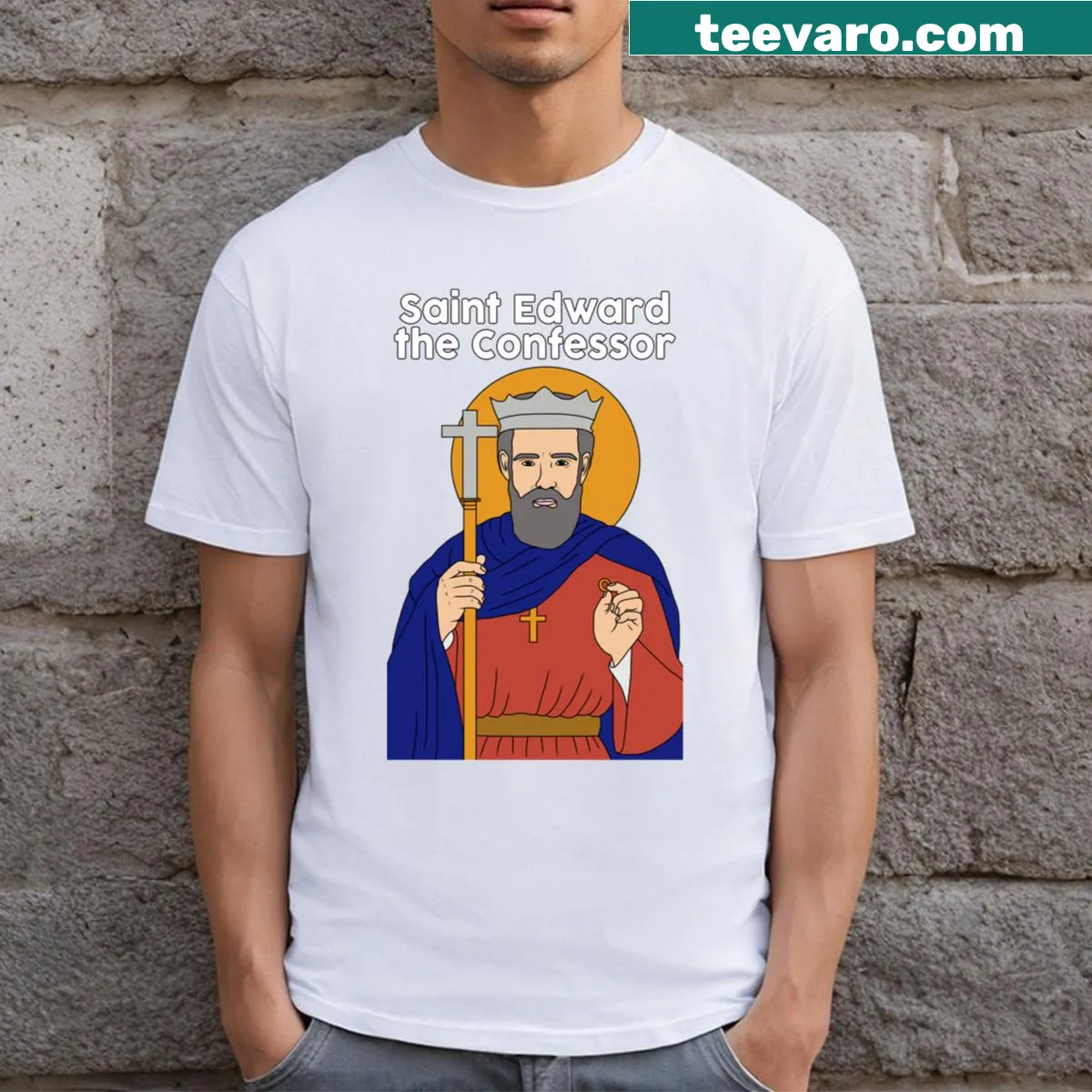 Intricate illustration of Saint Edward the Confessor on T-shirt — on a men's t-shirt