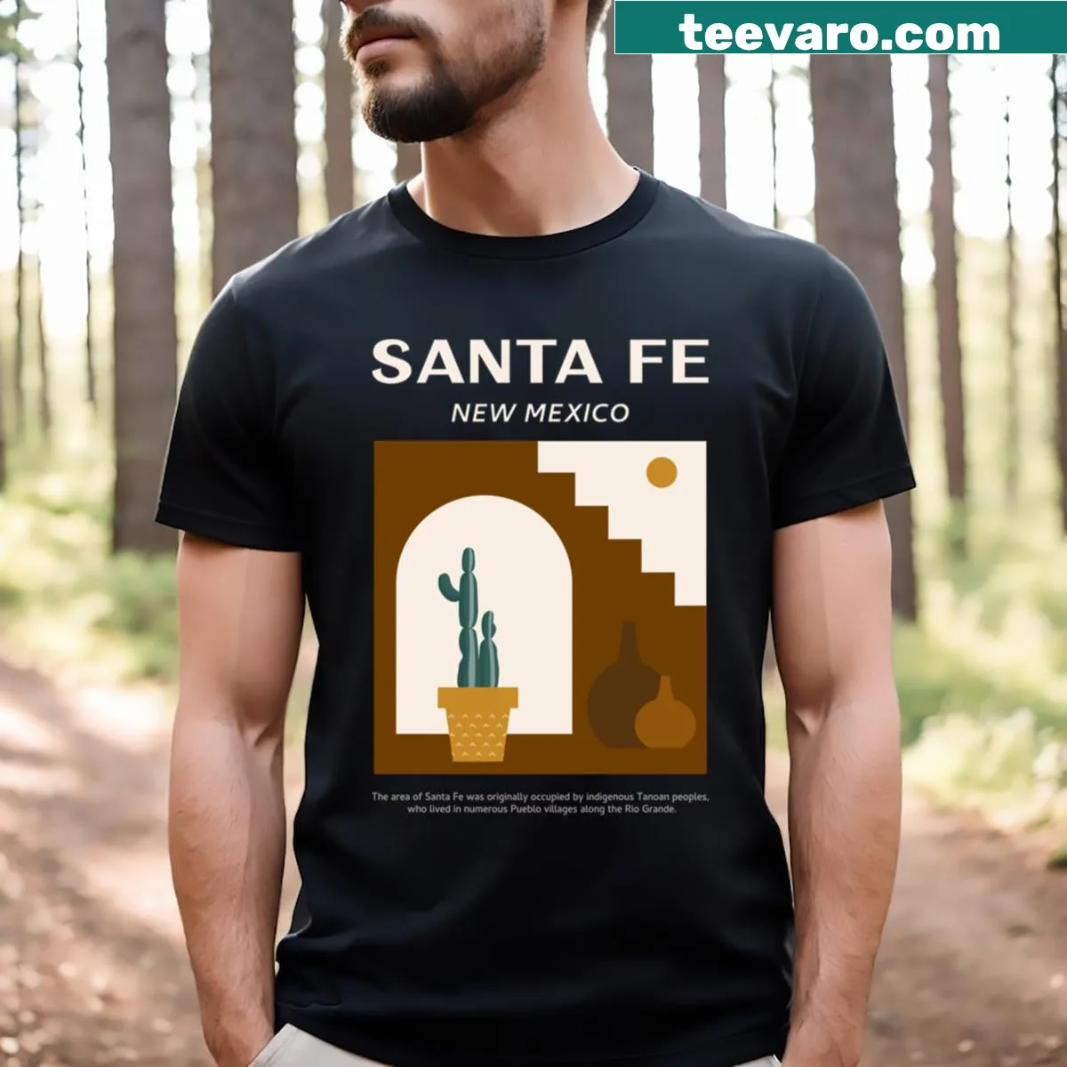 T-shirt featuring a Santa Fe cactus and pueblo design. — on a men's t-shirt