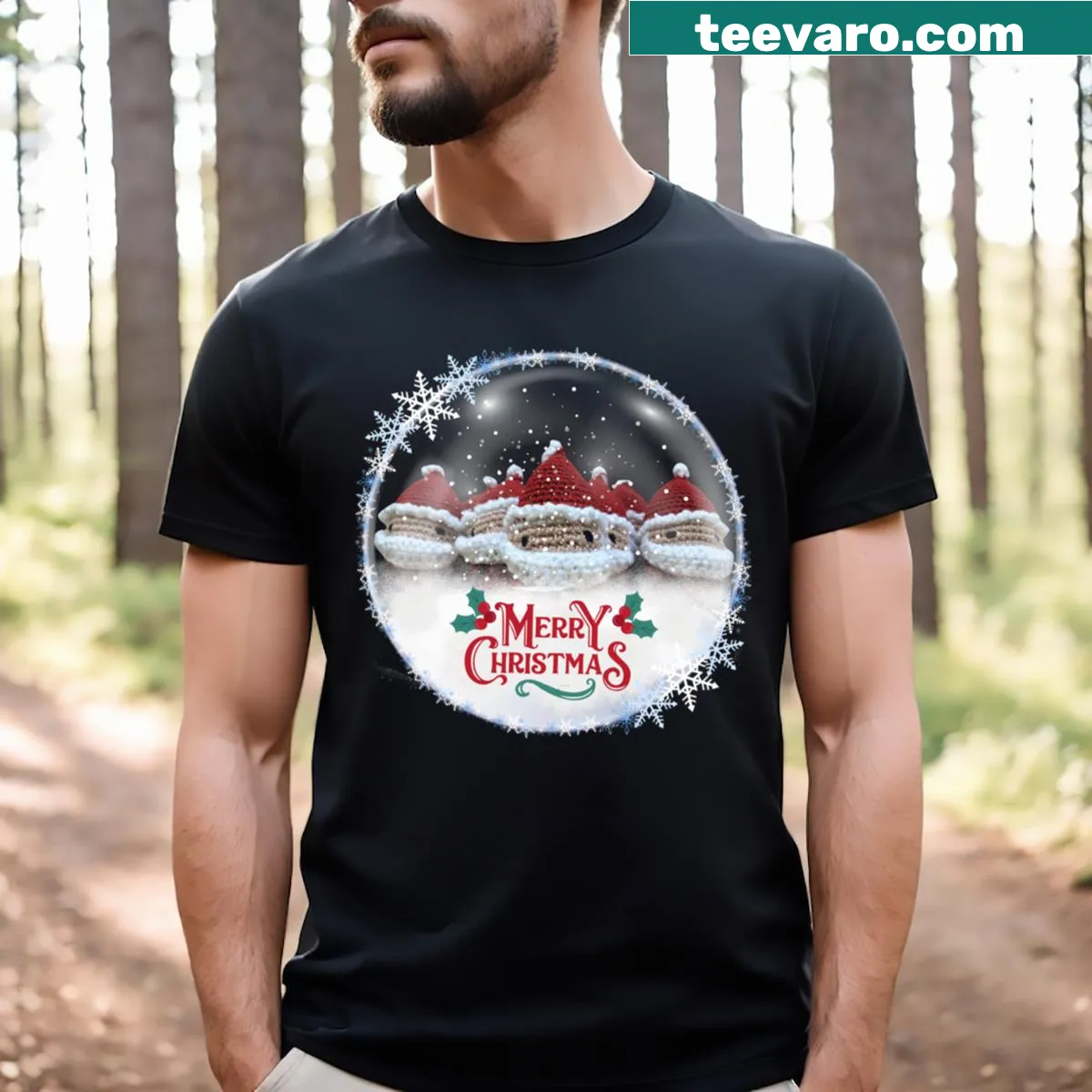 Cute snow globe illustration with Santas on a festive t-shirt — on a men's t-shirt