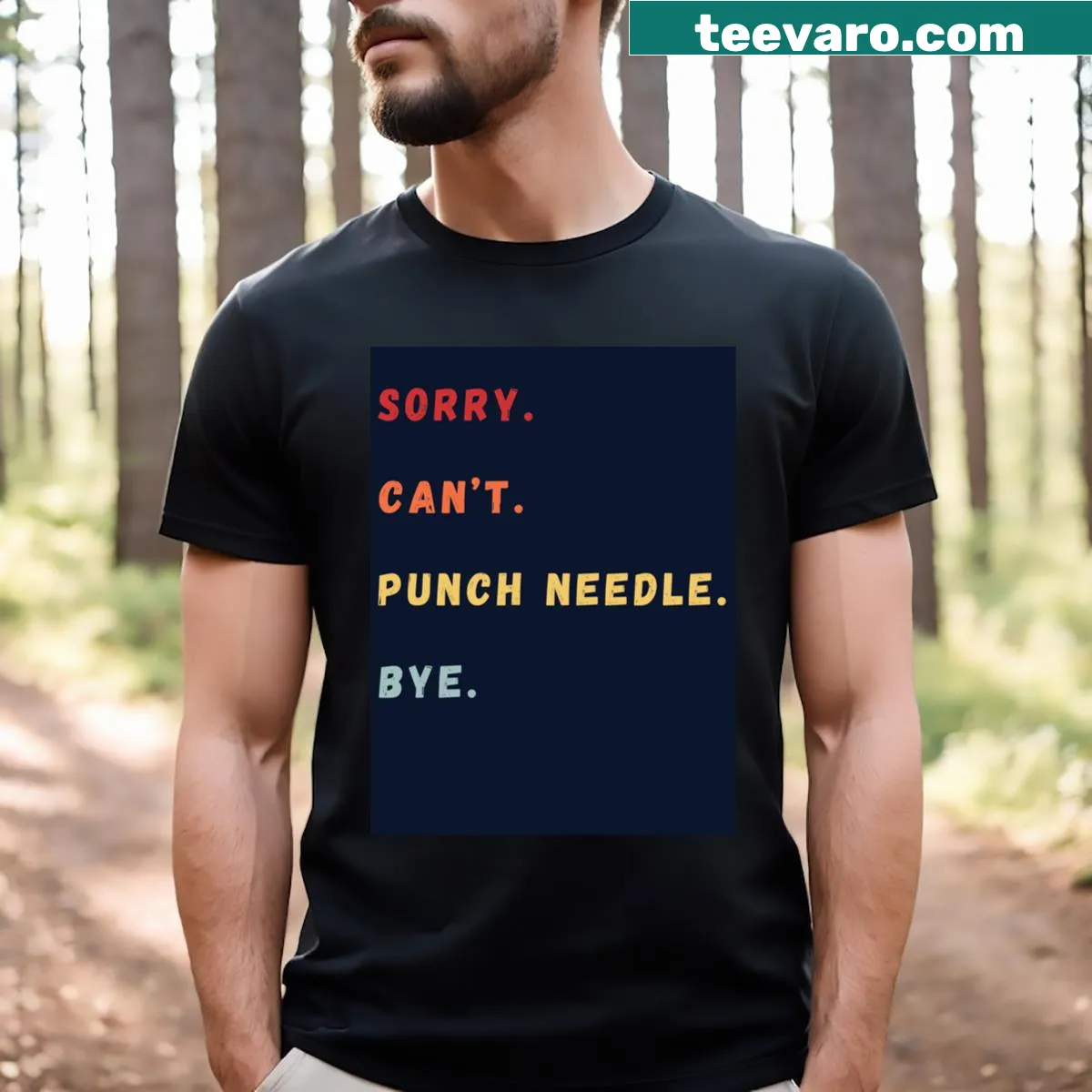 Retro-themed T-shirt with punch needle humor text — on a men's t-shirt