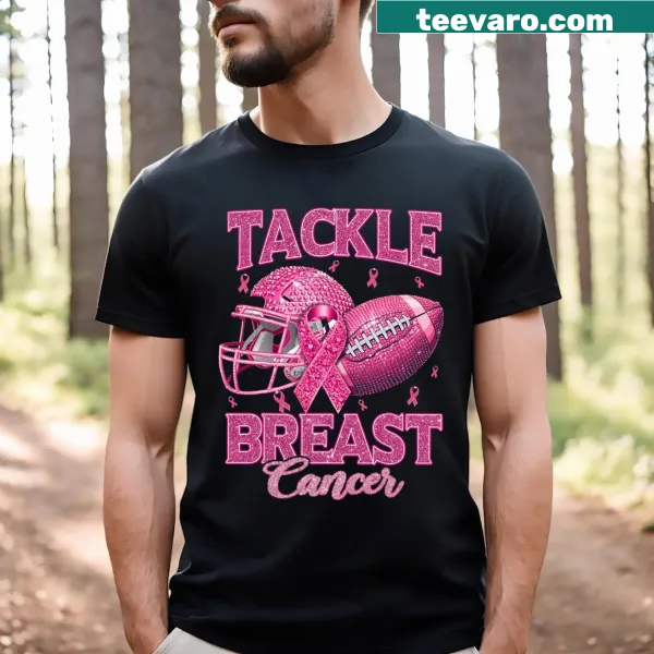 Football-themed breast cancer awareness graphic on T-shirt