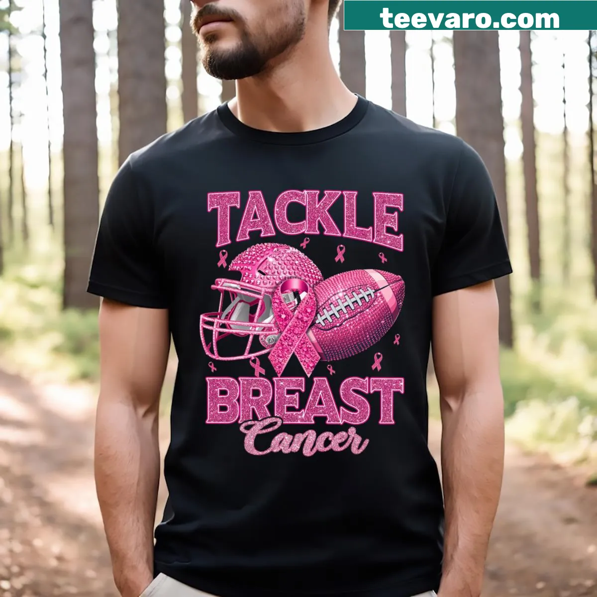 Football-themed breast cancer awareness graphic on T-shirt — on a men's t-shirt