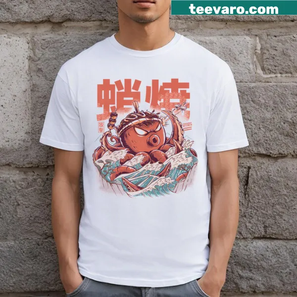 Cartoon style T-shirt featuring playful takoyaki illustration