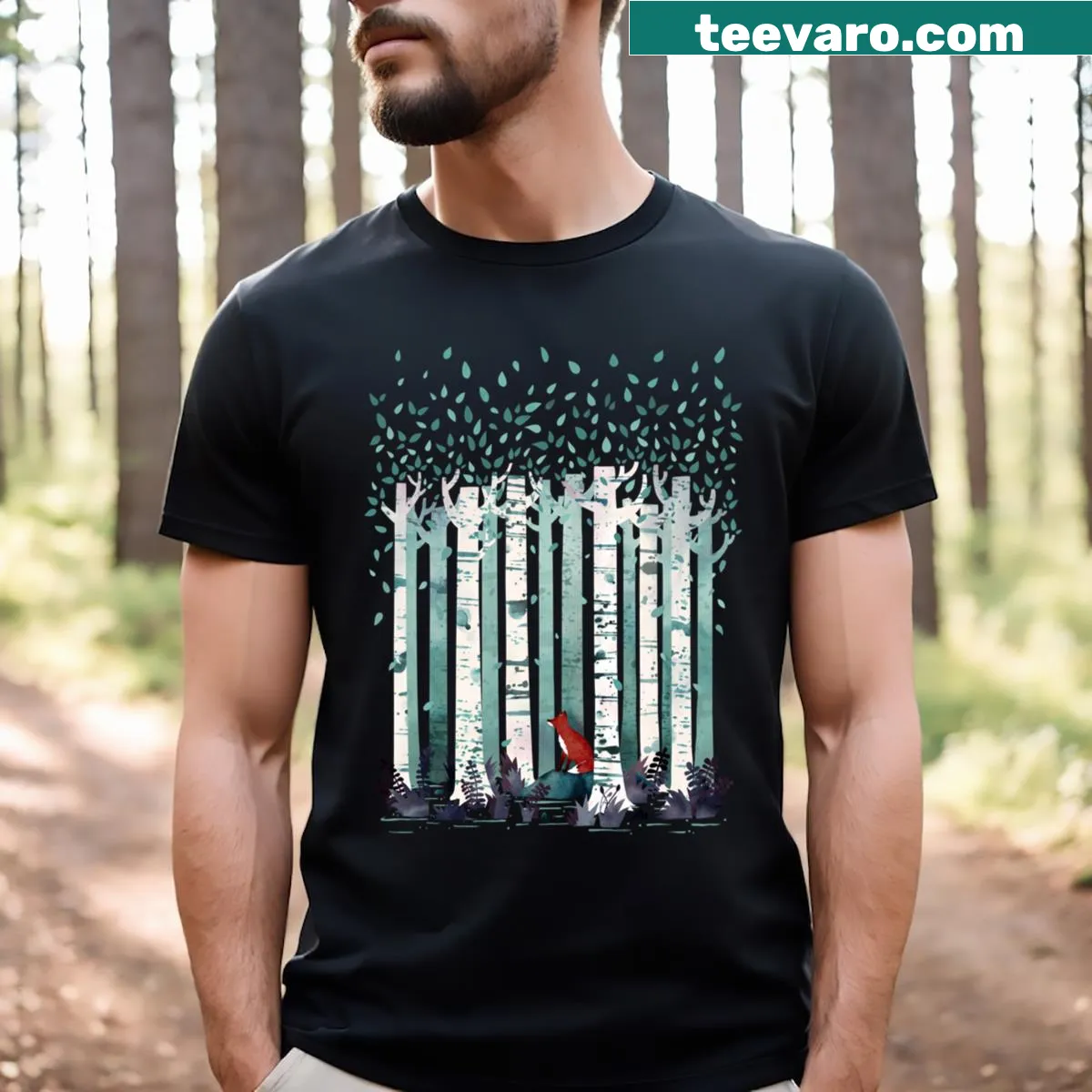 T-shirt featuring an illustration of birch trees — on a men's t-shirt