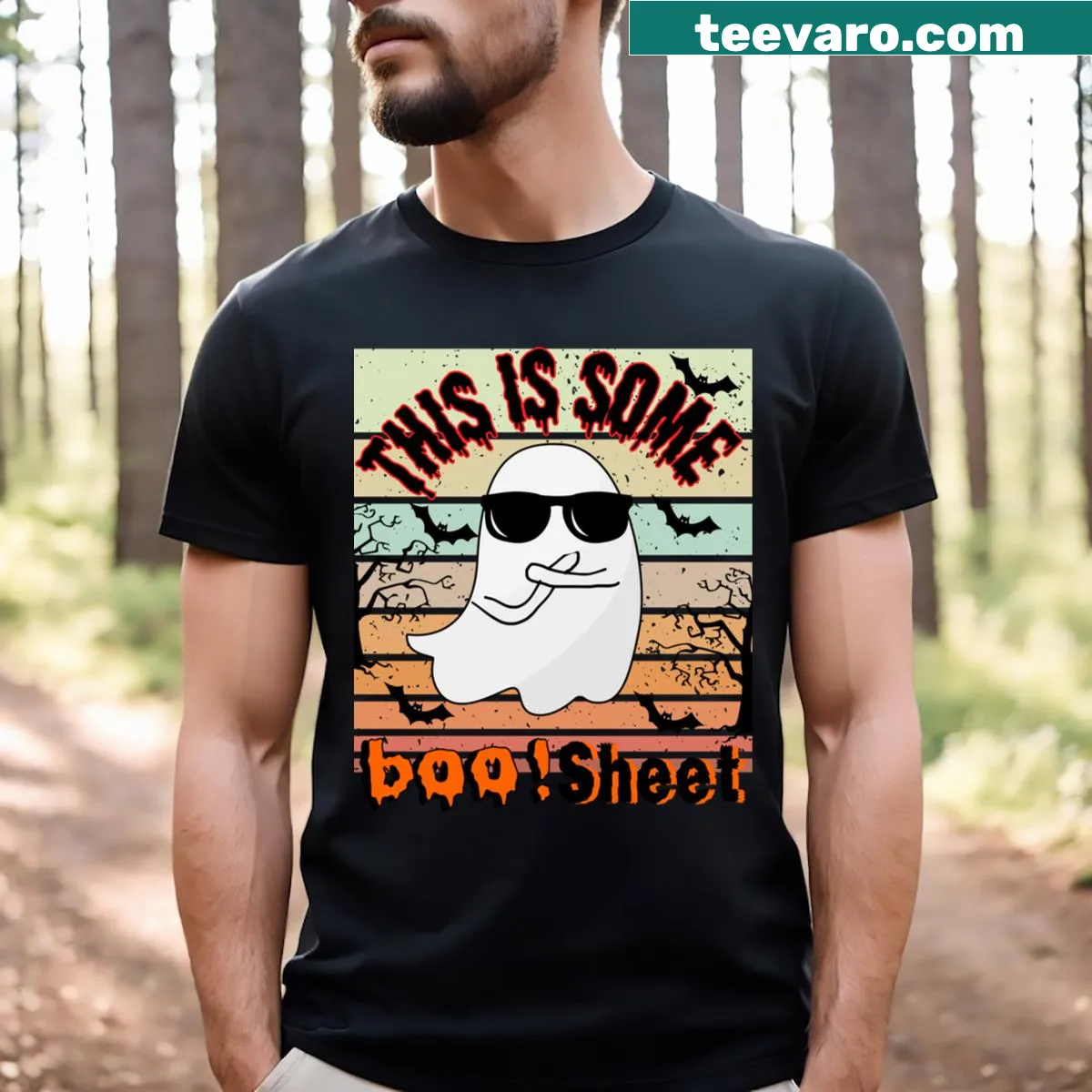 Funny Halloween t-shirt with 'This Is Some Boo Sheet' text — on a men's t-shirt
