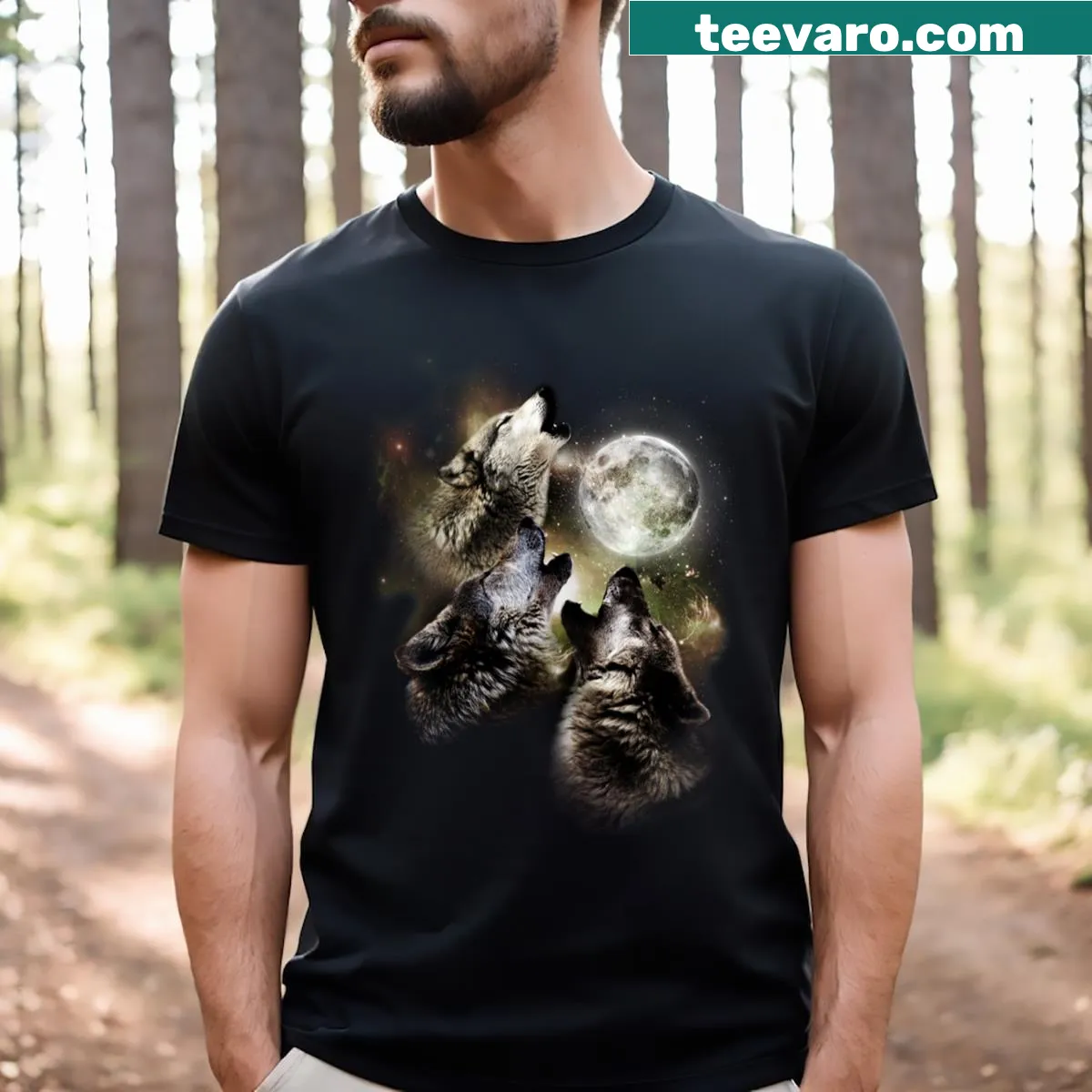 Illustration of three wolves howling at the moon on a T-shirt — on a men's t-shirt