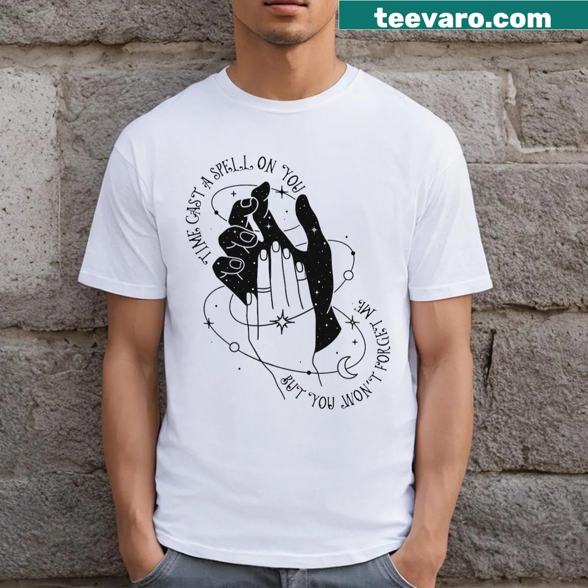 Playful typography graphic about time and memories on a T-shirt — on a men's t-shirt